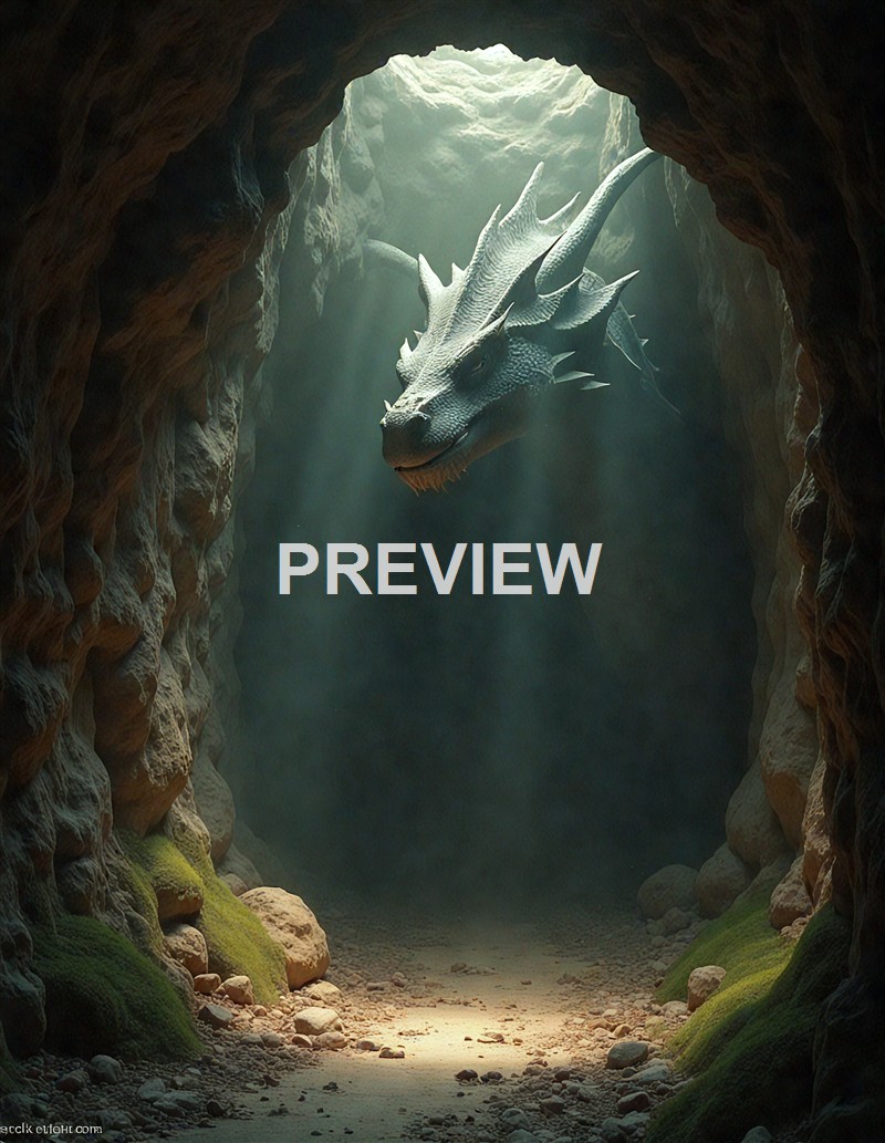 A large, fierce-looking dragon with sharp horns and scales is depicted flying inside a rocky cave with a light streaming in from above, illuminating the scene.